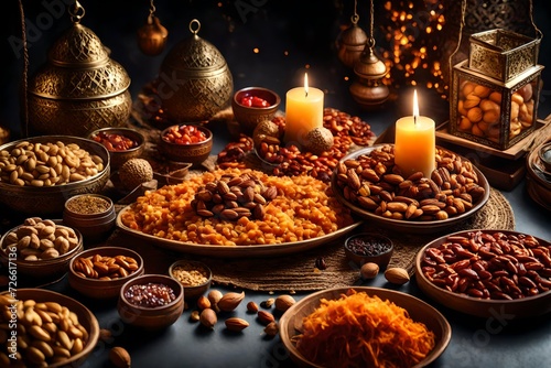 Ramadan Kareem and iftar muslim food, holiday concept. Trays with nuts and dried fruits and latterns with candles. Celebration ideaccccc