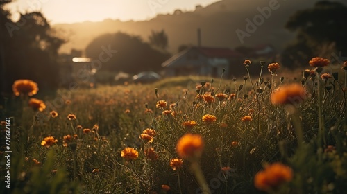 Single flower blossoming against a serene rural landscape backdrop