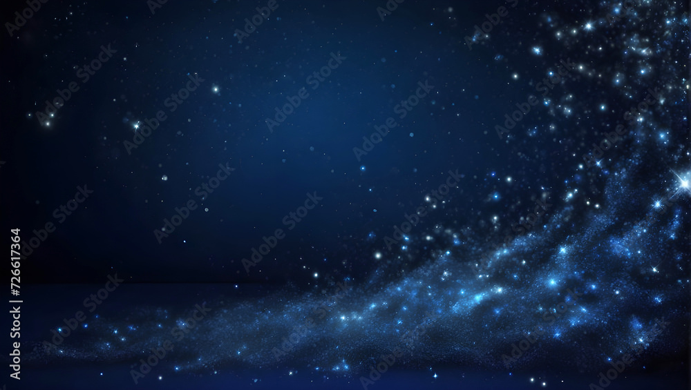 Dark blue stars and glitter sparkles in dark blue bokeh background