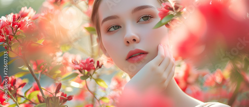 photography of beautiful woman on flower garden, skin clean for cosmetic.
