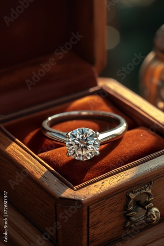 A gold diamond ring is in a jewelry box, the concept of luxury