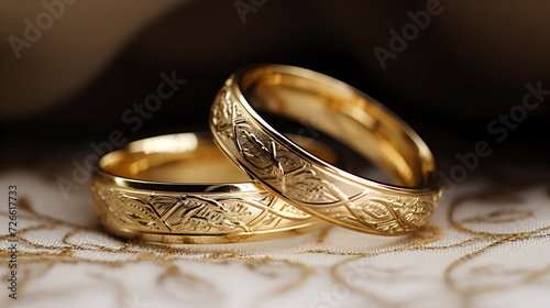 wedding rings on a black background,,
Two gold rings with their reflection on a white background for a wedding occasion photo