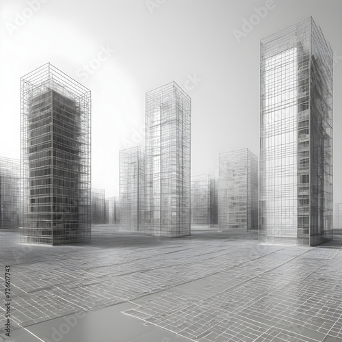 Wireframe city background. perspective 3d render of building wireframe. Graphics of the business city. Abstract. concept of smart or digital city  cityscape in futuristic sketch. Generative Ai