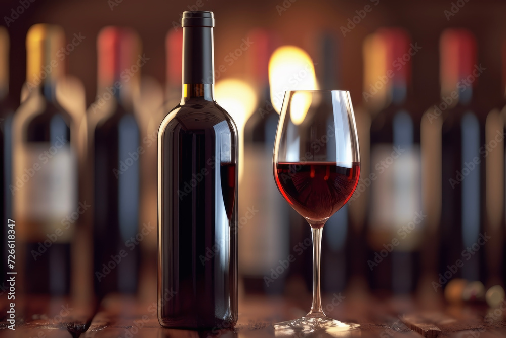 Wine Bottle and Glass Gracefully Arranged on a Wooden Table, Bathed in Warm Lighting to Elevate the Wine's Color and Create a Tranquil Atmosphere.