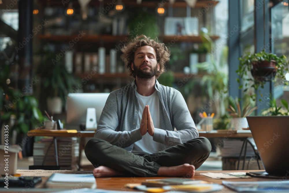 A mindful breathing exercise in a busy office, finding calm amidst chaos. Concept of workplace mindfulness and stress management. Generative Ai. A mindful breathing exercise in a busy office, finding calm amidst chaos. Concept of workplace mindfulness and stress management. Generative Ai.