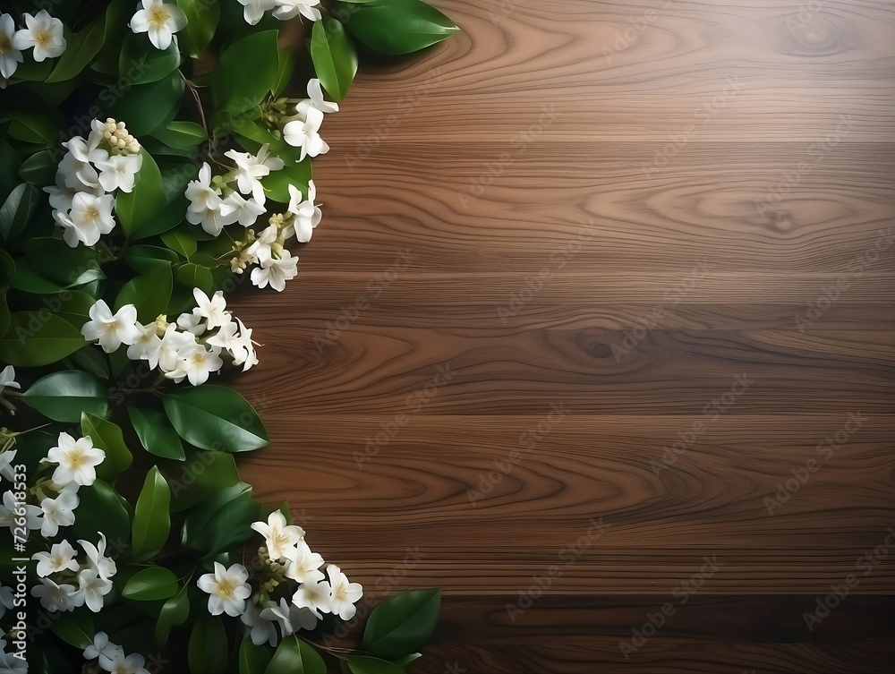 Wooden table with white jasmine flowers and green leaves Wooden table with white jasmine flowers and green leaves