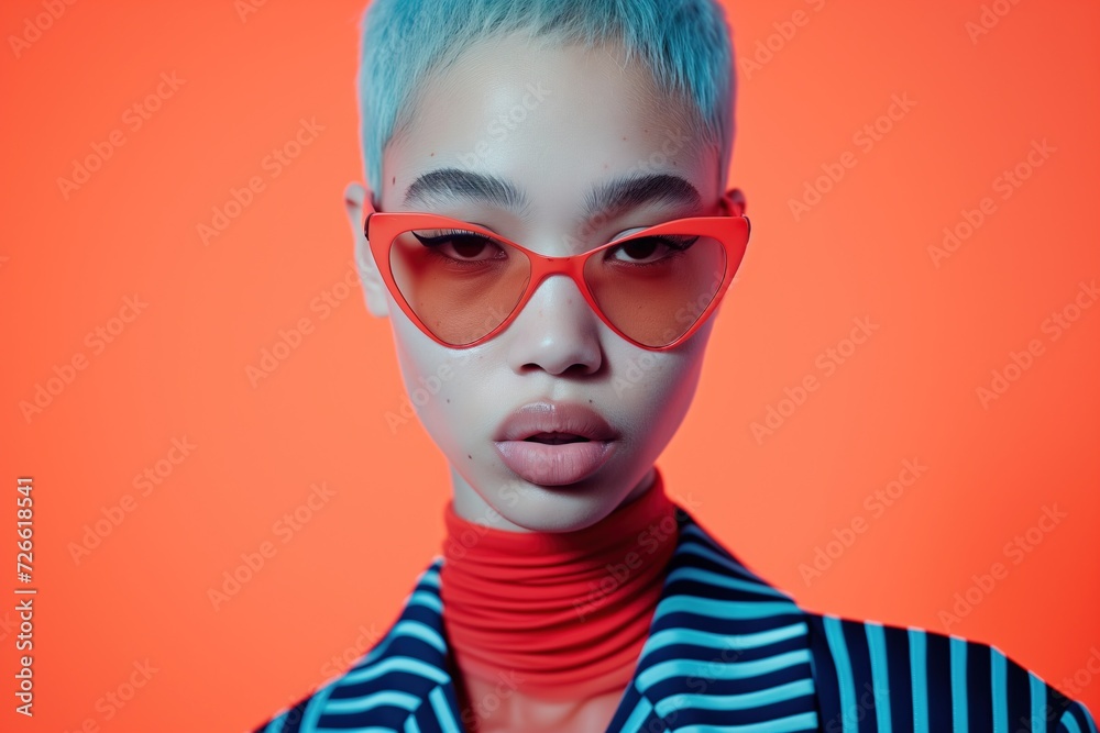 Portrait of Stylish Mixed-Race Model with Blue Short Hair: Orange Sunglasses, Studio Background