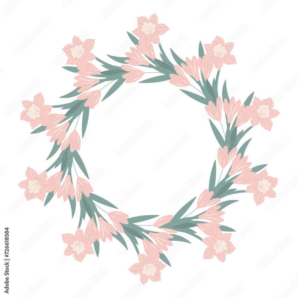 Wreath of spring flowers in delicate colors. Isolated on white background. Easter wreath. Vector illustration