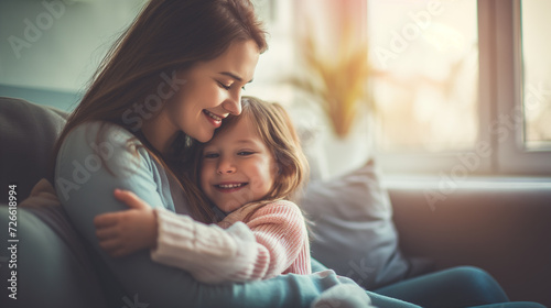 touching family moment, a mother hugging her three-year-old daughter. Living room interior in evening light.