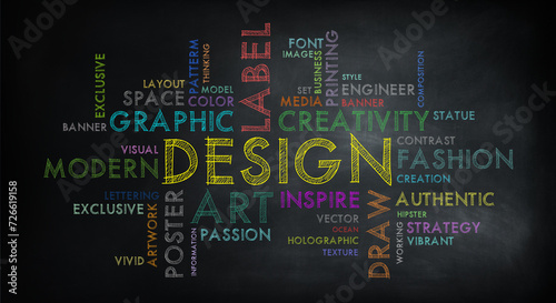 DESIGN word cloud. Graphic work, consisting of important words. Innovation, idea, creativity, and design Concept.