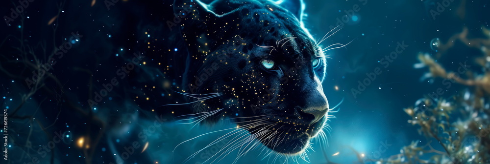 panther with eyes that reflect the cosmos, set against a moonlit backdrop with swirling galaxies. - obrazy, fototapety, plakaty 