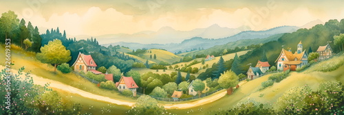 watercolor village nestled in rolling hills, with tiny cottages and winding paths. photo