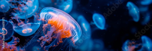 jellyfish emitting a soft glow, floating in waters filled with bioluminescent creatures and magical coral. photo