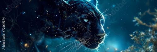 panther with eyes that reflect the cosmos, set against a moonlit backdrop with swirling galaxies.