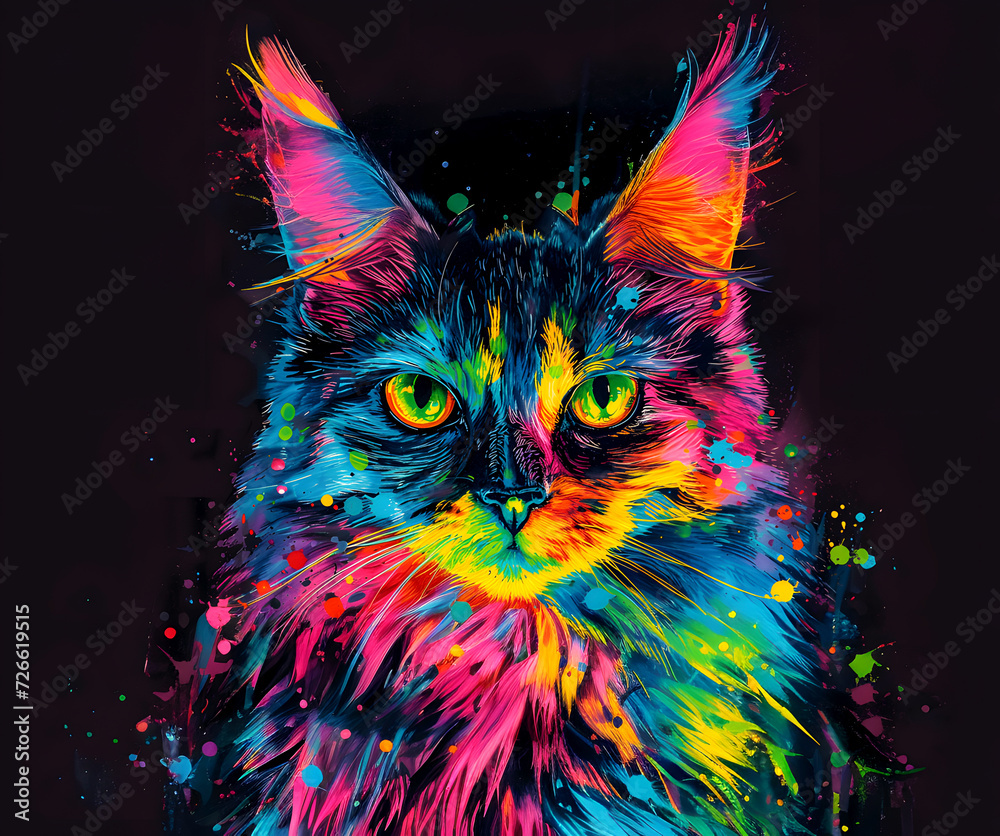 Obraz premium Neon colorful cat on a black background. Ai generated.