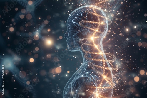 Strands of DNA enveloping a person. The Concept of Genetics. The illustration photo