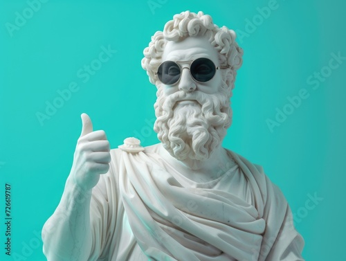 male smiling white statue portrait with beard, shows thumbs up, wear sunglasses, smiling, ancient clothes,  

