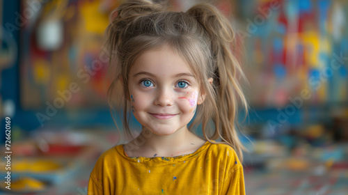 Portrait of a Caucasian laughing girl with blue eyes and long hair, five years old, against the background of a kindergarten painted wall. Horizontal frame.