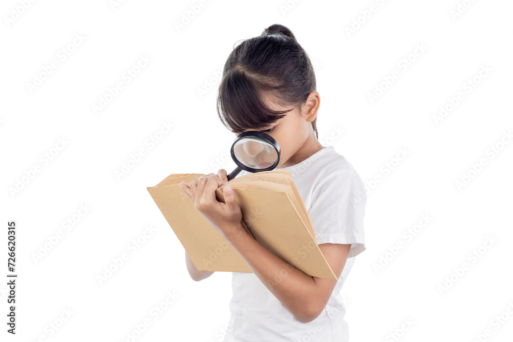 Asian girl reading the books with a magnifying glass isolated on white background with clipping path. Asian girl reading the books with a magnifying glass isolated on white background with clipping path.