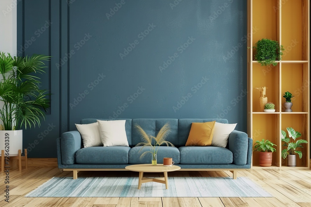Cozy modern living room interior have sofa on empty dark blue wall background.3d rendering. generative ai. Cozy modern living room interior have sofa on empty dark blue wall background.3d rendering. generative ai.