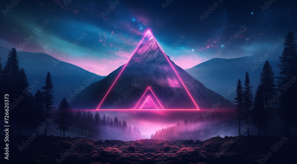 Neon Triangle Illuminating Mountainous Forest Landscape