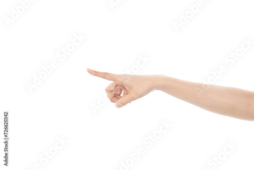 Female hand pointing isolated on white background with clipping path.