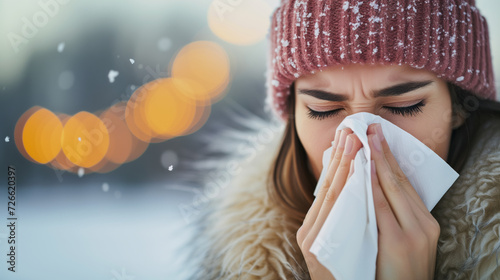 A young woman blowing or sneezing into a tissue outdoors on a winter day photo