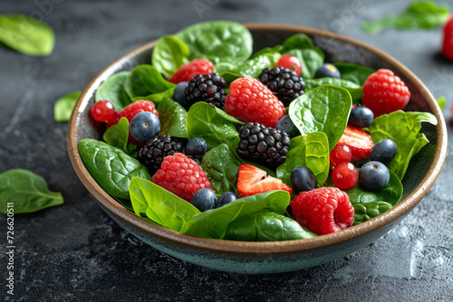 A spinach and berry salad with a vinaigrette  a high-antioxidant and vitamin-rich meal. Concept of fresh and healthful salad options. Generative Ai.