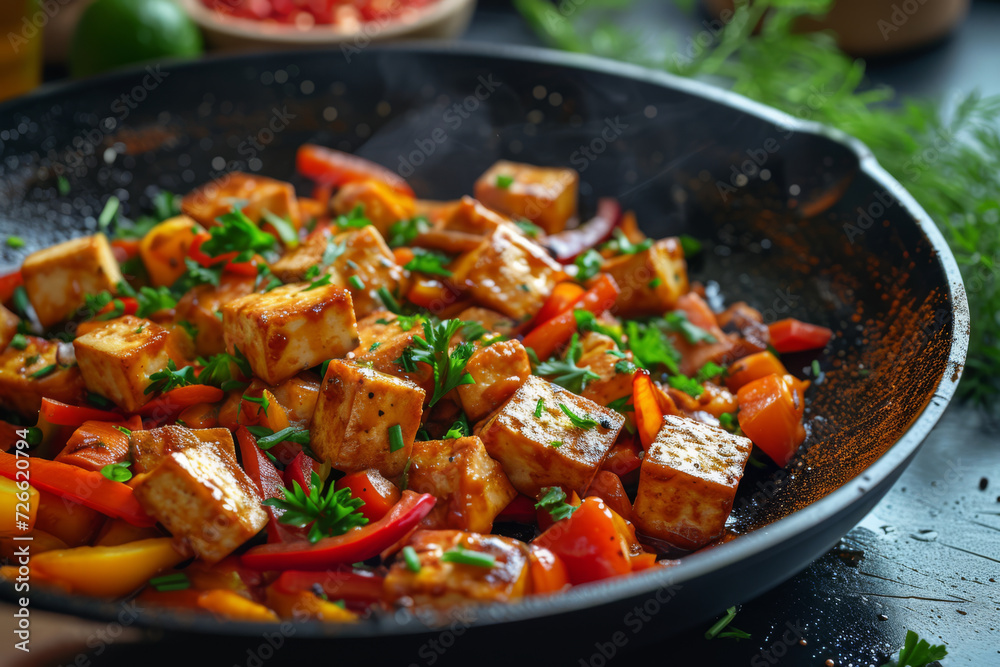 A vegetable stir-fry with tofu, offering a balanced and protein-packed meal. Concept of quick and healthy meal preparation. Generative Ai.