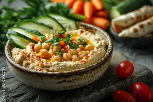 Homemade hummus with raw vegetables, providing a fiber-rich and wholesome snack. Concept of healthful dips and spreads. Generative Ai.