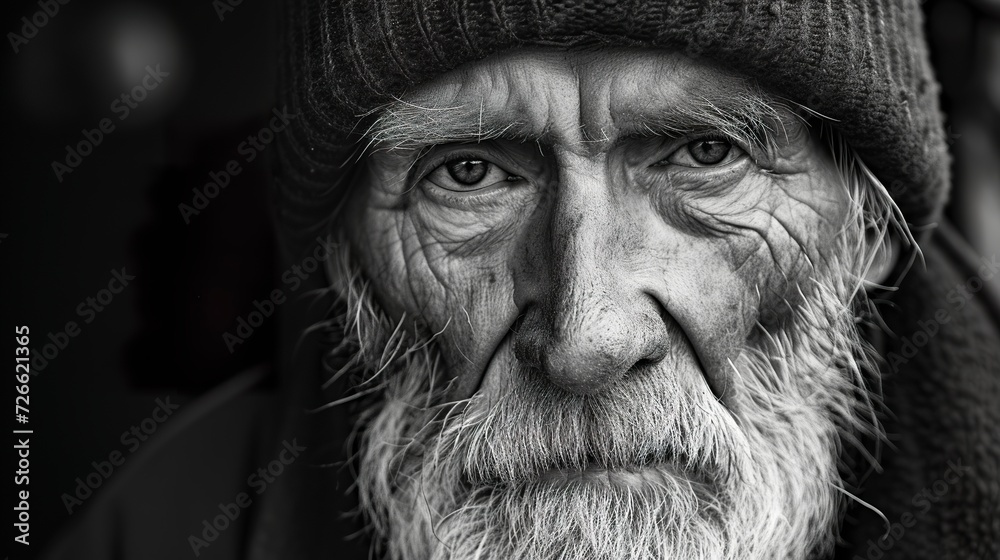 A high contrast black and white photo of an old retired sea captain. Sea captain's face with marks of many stories and experiences.