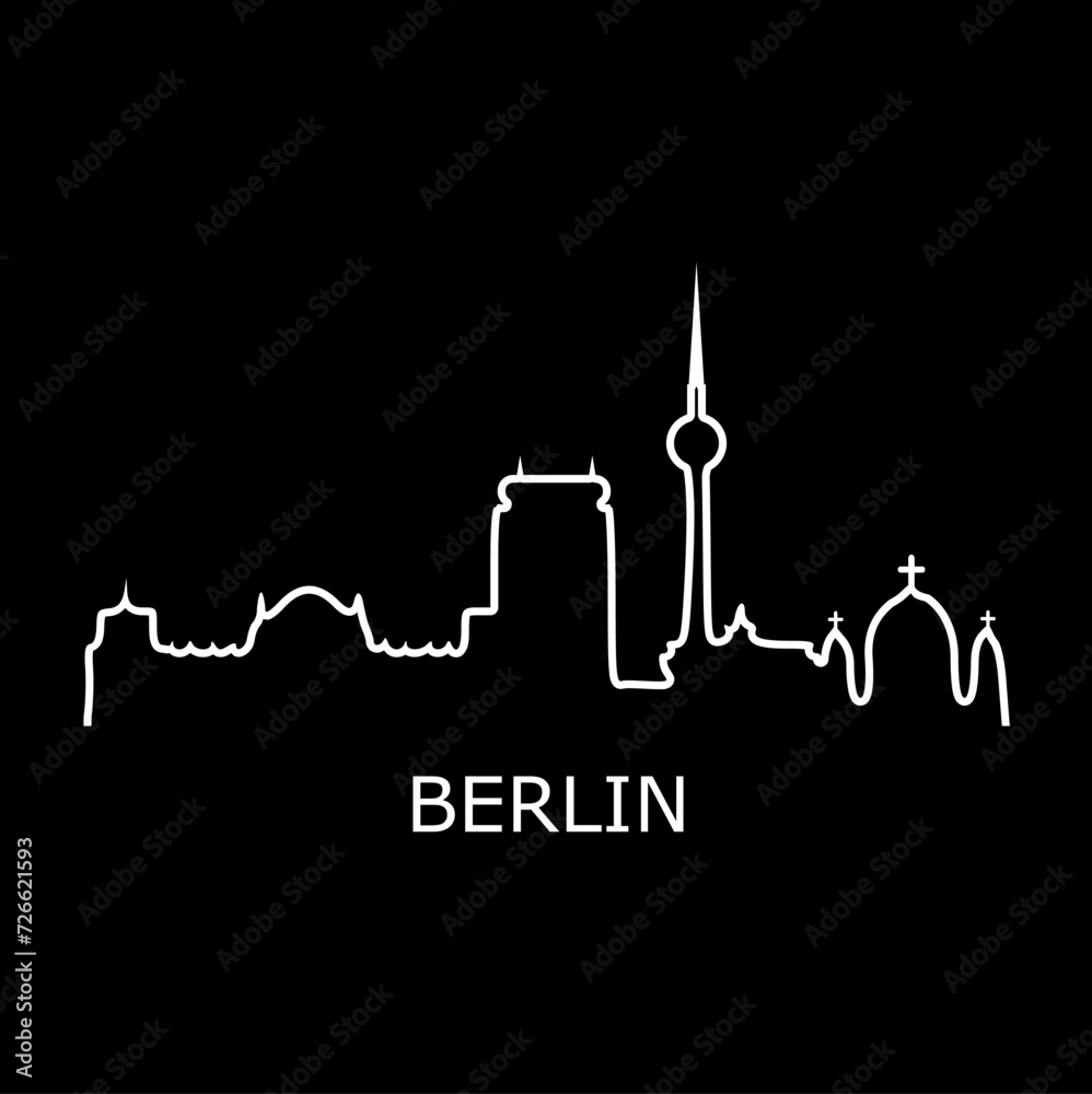 Berlin skyline vector illustration in white color isolated on black.