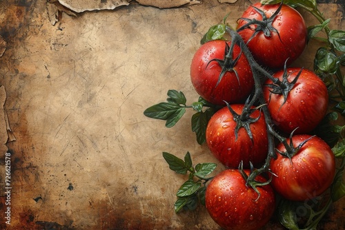 Red tomatoes are lying on old craft paper