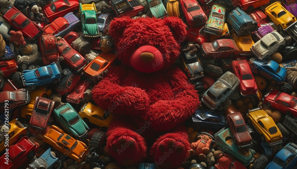 A detailed image of a red teddy bear surrounded by a collection of toy cars, their colorful array adding a touch of excitement and vibrancy to the scene
