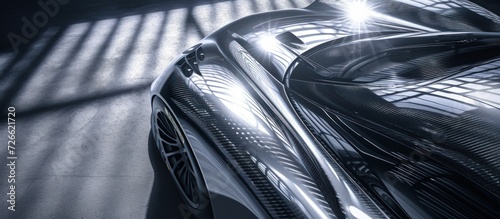 Aerodynamics stylist carbon texture of car body covers on dark view background. AI generated image © orendesain99