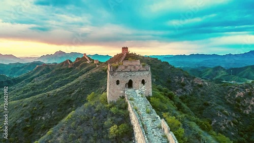 aerial view jinshanling great wall of china during sunset
 photo