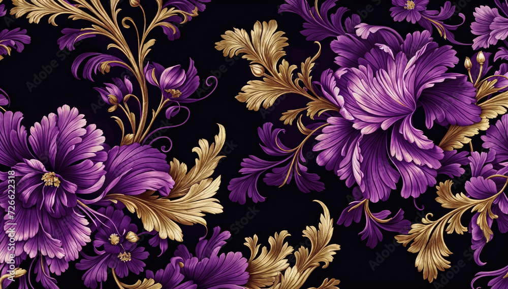  purple and gold floral pattern against black background - obrazy, fototapety, plakaty 