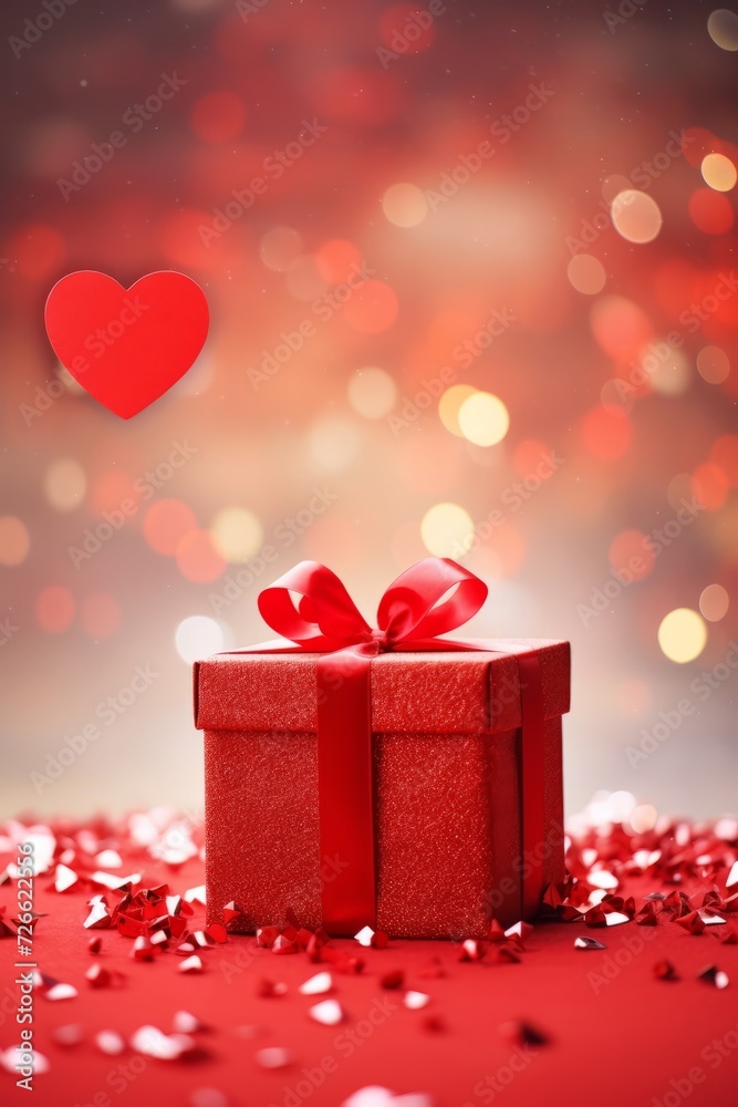 Red gift box with a red ribbon on a red table with falling heart-shaped confetti. Celebrating Valentine's Day, Wedding, Anniversary or Birthday, Love, vertical