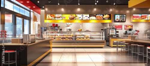 Fast food restaurant, shop store interior view. AI generated image