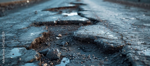 Closeup bad damaged asphalt road with potholes that are dangerous for passing cars. AI generated