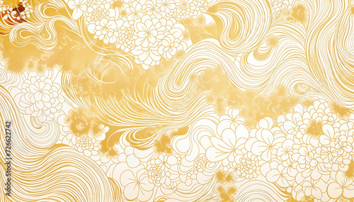 golden Japanese pattern with clouds, flowers, and waves photo