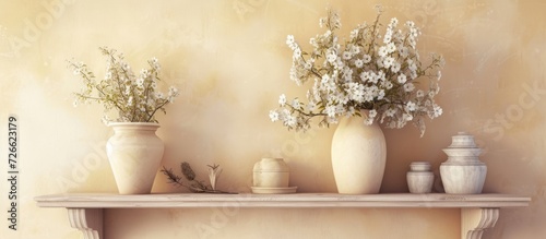 Provence-style home decor: wall shelf adorned with vase and flowers.