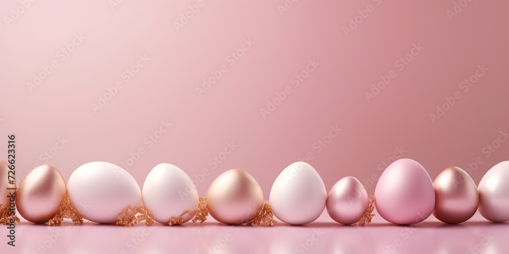 Easter egg side border. Rose gold, soft pink and white colors on a pink background. Beautiful and high quality photo