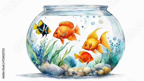 Light watercolor glass fishbowl containing tropical fish white background.
