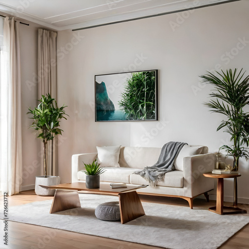 beautiful new modern living room indoor area, living room, indoor area, modern sofa, living room indoor area, small book holder table, indoor plant ,isolated white color mix wall