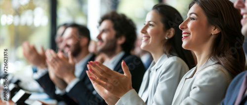 A group of professionals applauding enthusiastically at a conference  a moment of shared success