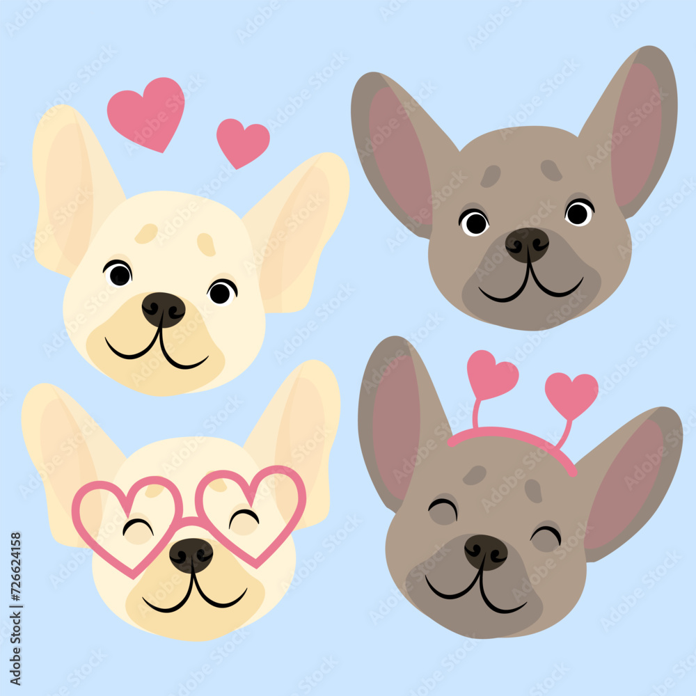 Set of French bulldog heads with heart-shaped glasses and headband with hearts for Valentine's Day Set of French bulldog heads with heart-shaped glasses and headband with hearts for Valentine's Day