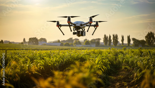 drone flying over field of crops IOT Drone surveying crop  photo