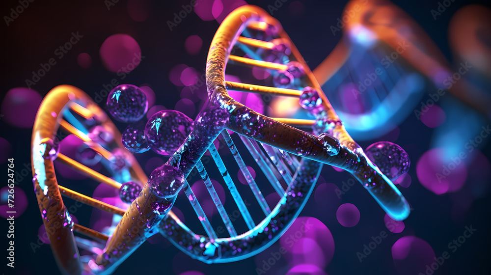 3D rendering genetic diagram of human DNA under microscope 3D rendering genetic diagram of human DNA under microscope