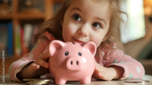 Cute little girl put coins in pink piggy bank. Money savings concept. Financial investment in future. Finance well-being. Wealth symbol. Kids piggybank. ?hildren learn financial literacy. Invest fund. photo